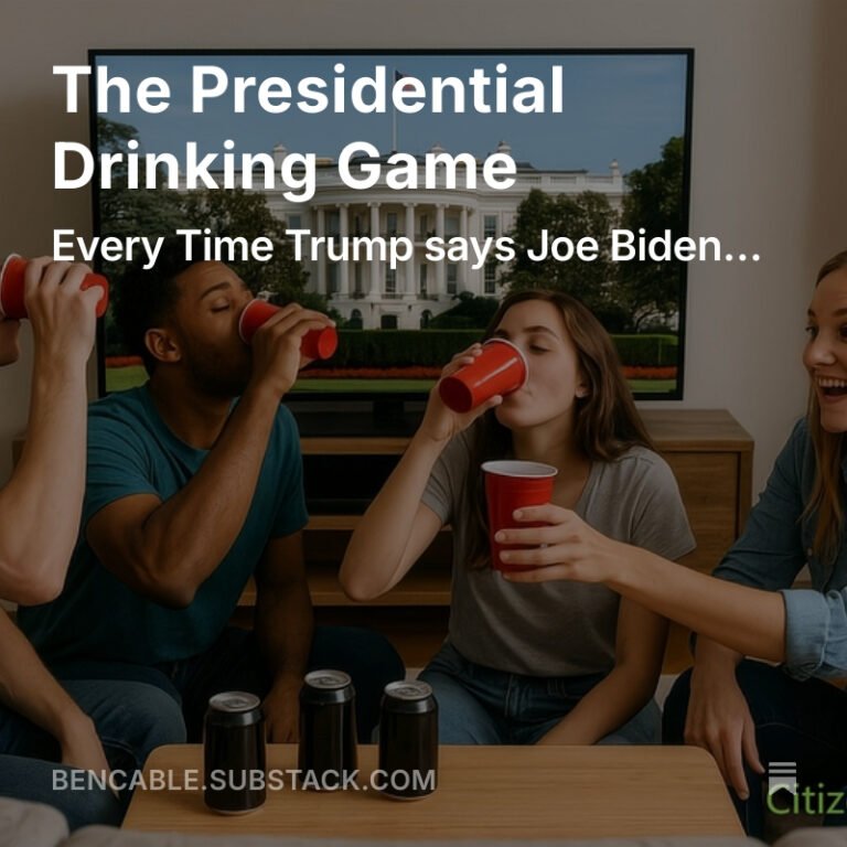Young people around a table holding red cups, the background has the White House on the television.