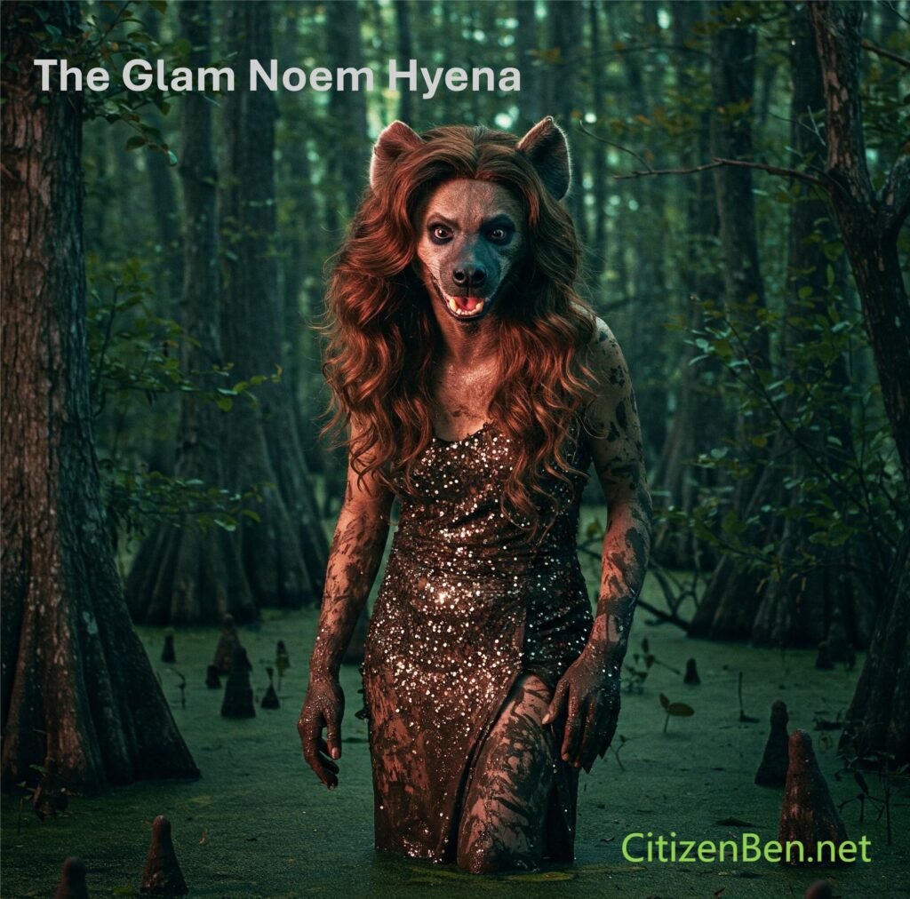 Kristi Noem – The Glam Hyena swamp monster with brown curvy hair, wearing a sequin dress and covered in muddy slime wading through a swamp. Story by Ben Cable on CitizenBen.net and Substack.