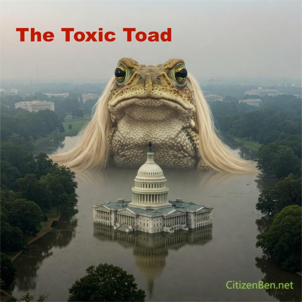 Marjorie Taylor Greene monster, a toad with long blond hair over the congress. The Toxic Toad of Congress. By Ben Cable on Substack and CitizenBen.net