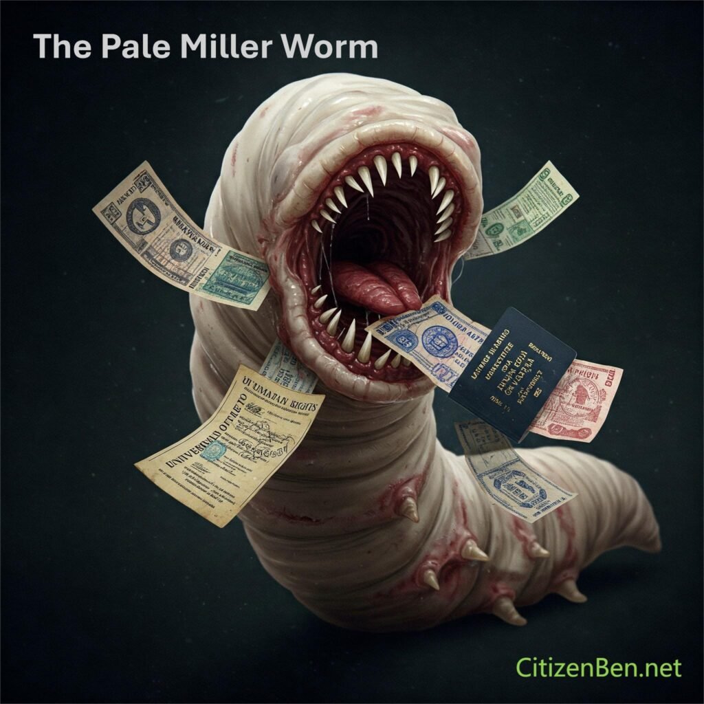 The Pale Miller Worm. Stephen Miller monster eating immigration papers. By Ben Cable on Substack and CitizenBen.net